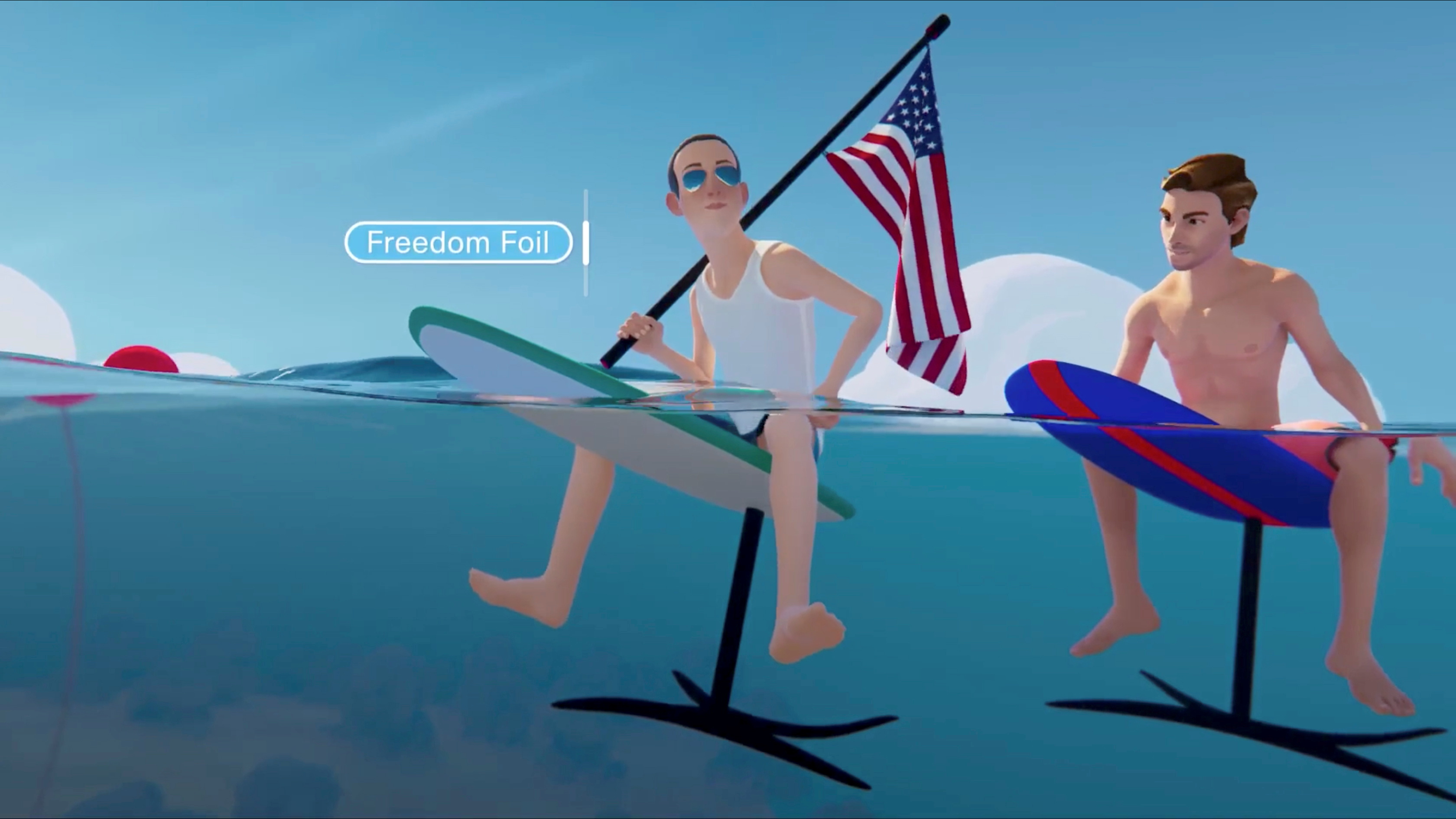 An avatar of Facebook CEO Mark Zuckerberg carries a U.S. flag while riding a hydrofoil in the ‘metaverse.’ (Reuters)