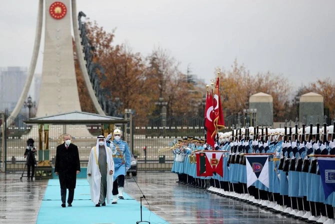 Recep Tayyip Erdogan and Sheikh Mohammed bin Zayed Al-Nahyan review a guard of honor, Ankara, Turkey, Nov. 24, 2021. (Reuters)