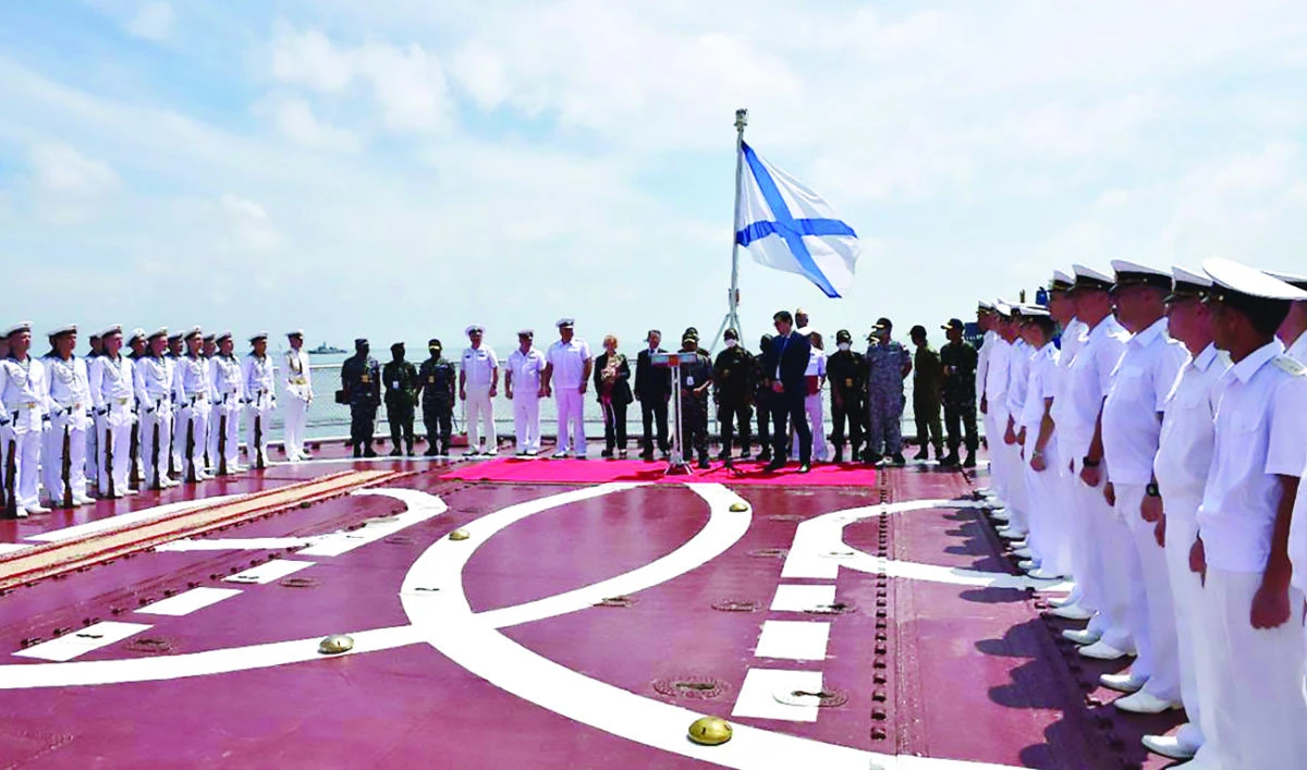 An admiral inspection ceremony on the Russian destroyer Admiral Panteleyev off the waters of Belawan during a joint exercise between ASEAN members. (AFP)