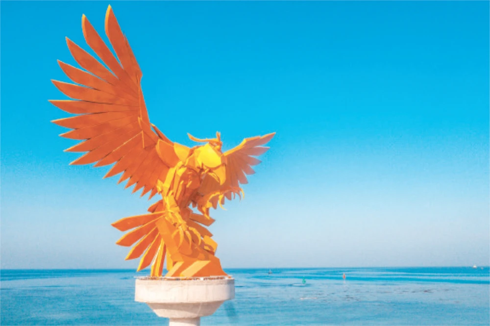 The sculpture is visible for miles, perched amid the blue waters of the Jeddah Corniche, where the city is hosting the Formula 1 Saudi Arabian Grand Prix.