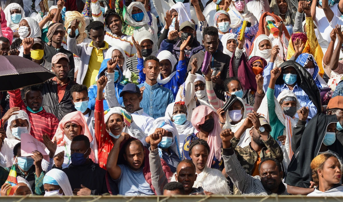 Tigrayan residents of Ethiopia's capital attend an event organized by the city administration to protest against the Tigray People's Liberation Front (TPLF), at the Abebe Bikila stadium in Addis Ababa, Ethiopia, Sunday, Dec. 5, 2021. (AP/FILE)