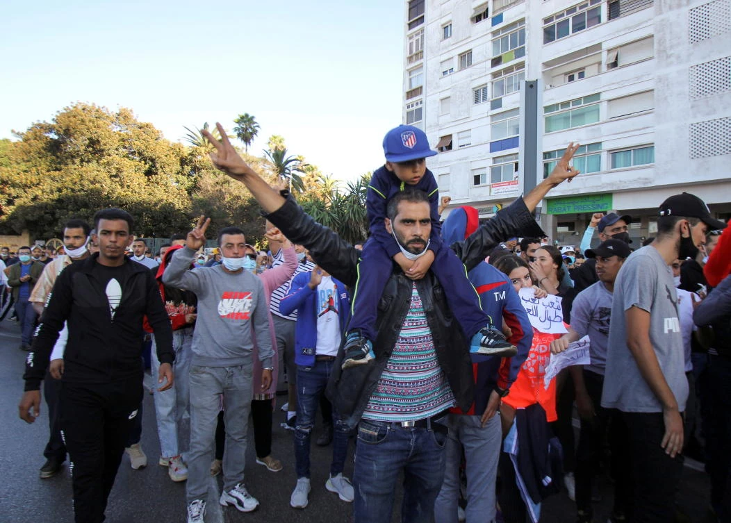 Demonstrators gesture during a protest against COVID-19 vaccine pass in Rabat, Morocco October 31, 2021. (File/Reuters)