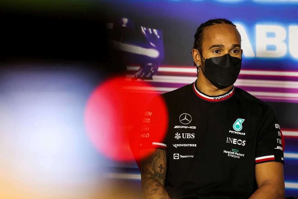 Mercedes' Lewis Hamilton during a press conference ahead of Sunday’s Abu Dhabi Grand Prix at the Yas Marina Circuit on Friday. (Reuters)