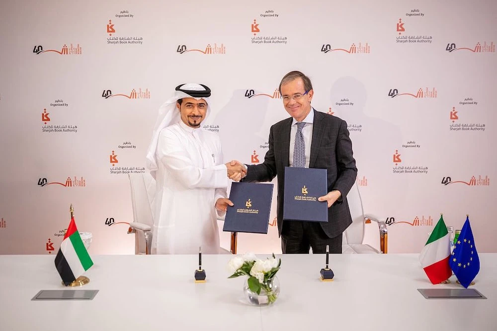 Above, SBA Chairman Ahmed bin Rakkad Al-Ameri and the Italian Ambassador to the UAE Nicola Lener. (Twitter: @SharjahBookAuth)
