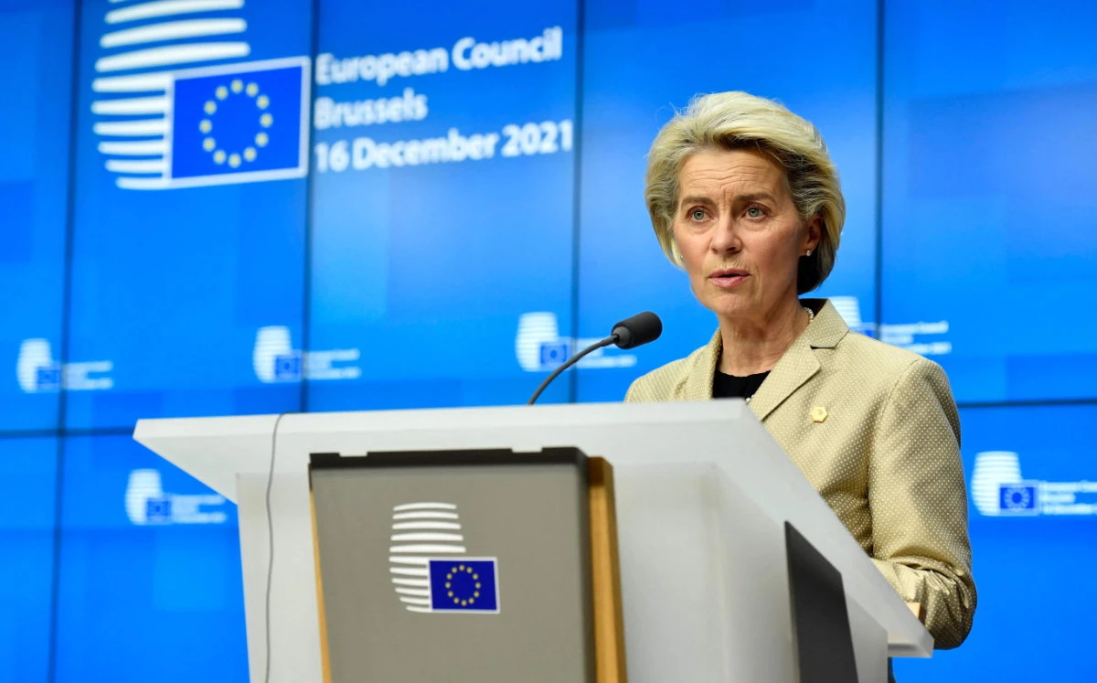 European Commission President Ursula von der Leyen holds a press conference after an European Union Summit in Brussels,early on Dec. 17, 2021. (AFP/Pool)