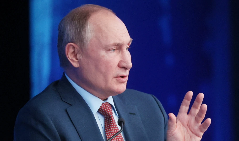 Russian President Vladimir Putin attends a convention of the Russian Union of Industrialists and Entrepreneurs (RSPP) in Moscow, Russia December 17, 2021. (REUTERS)