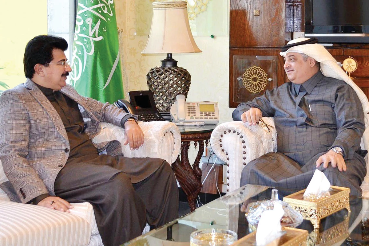 Saudi Ambassador Nawaf bin Said Al-Malki (right) meeting with Muhammad Sadiq Sanjrani, president of the Senate of Pakistan on Saturday. (SPA)