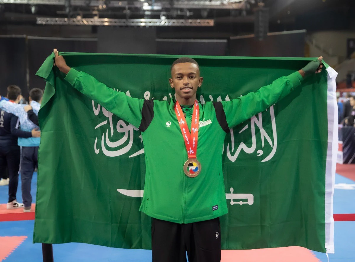 Sultan Al-Qahtani after winning gold in the Kumite under 55kg category. (Saudi Karate Federation)