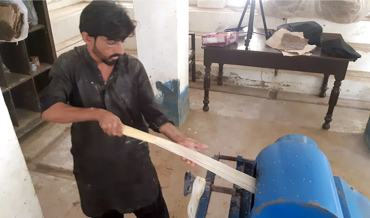 A laborer makes fiber from banana waste at Sindh Agriculture University, Tandojam, Pakistan, in this Nov. 5 file photo. (AN photo by Zulfiqar Kunbhar)
