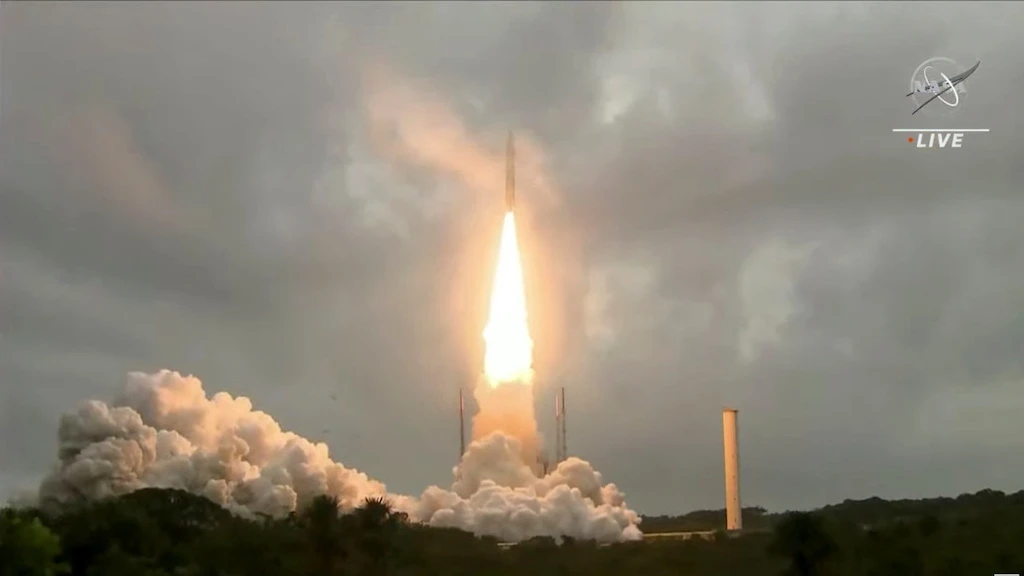 Arianespace's Ariane 5 rocket, with NASA’s James Webb Space Telescope onboard, launches from Europe’s Spaceport, the Guiana Space Center in Kourou, French Guiana December 25, 2021 in a still image from video. (NASA via Reuters)