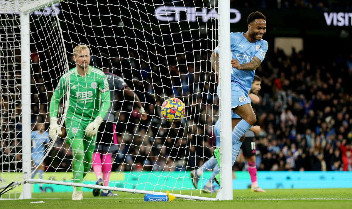 Manchester City’s Raheem Sterling celebrates scoring their sixth goal in their Premier League match against Leicester City at Etihad Stadium on Sunday. (Reuters)