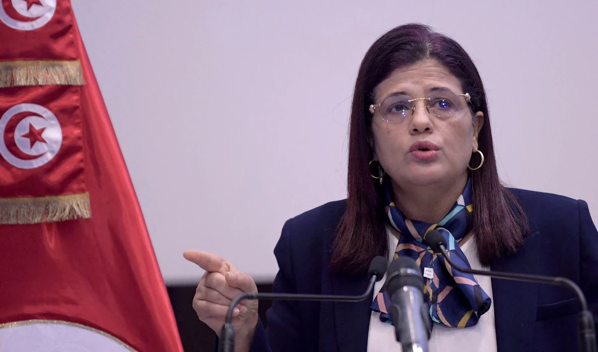 Tunisia's Finance Minister Sihem Boughdiri speaks to reporters during a press conference on the 2022 state budget in the capital Tunis on December 28, 2021. (AFP)