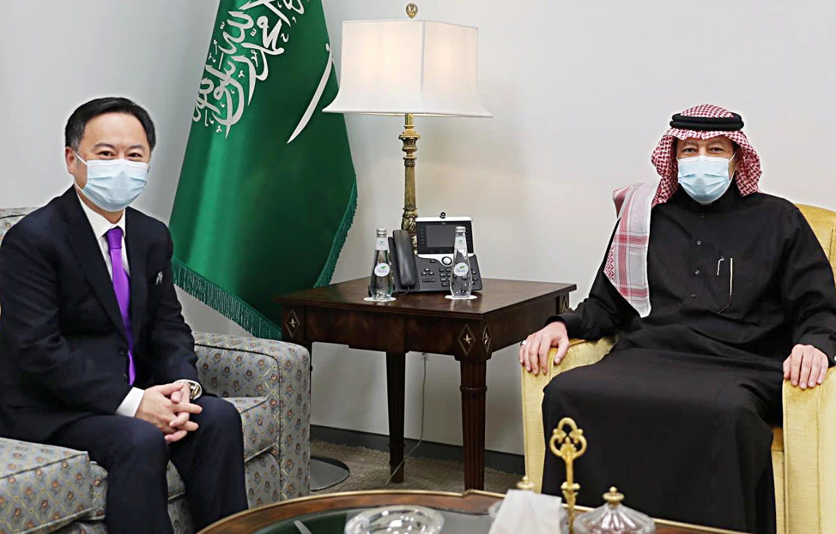 Saudi Deputy Foreign Minister Waleed bin Abdulkarim Al-Khuraiji (right) hosted the envoys at his office in Riyadh. (SPA)