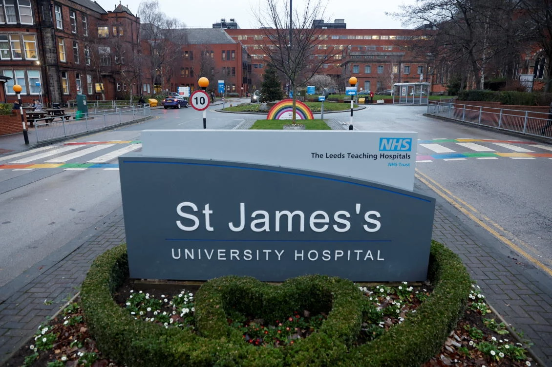 A sign is seen outside St. James’s University Hospital, where a temporary Coronavirus “surge hub” will be set up, amidst the spread of COVID-19, in Leeds on Thursday. (Reuters)
