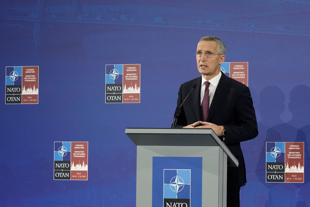 NATO Secretary General Jens Stoltenberg speaks during the NATO Foreign Ministers summit in Riga, Latvia, Dec. 1, 2021. (Reuters)
