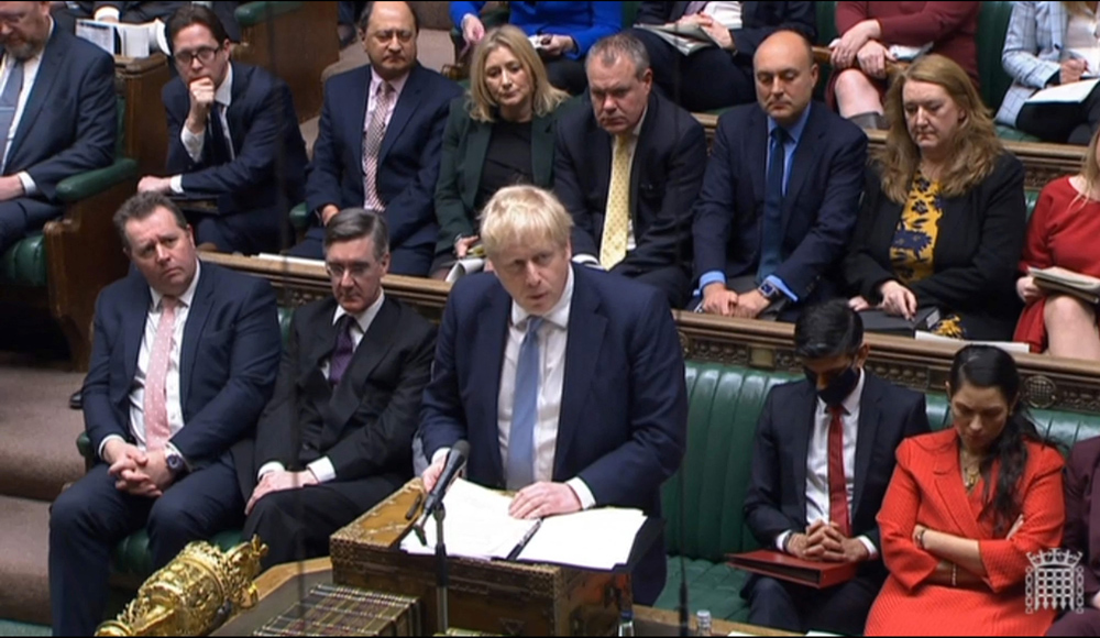 British PM Boris Johnson makes a statement to MPs following the release of the Sue Gray report, House of Commons, London, Jan. 31, 2022. (AFP)