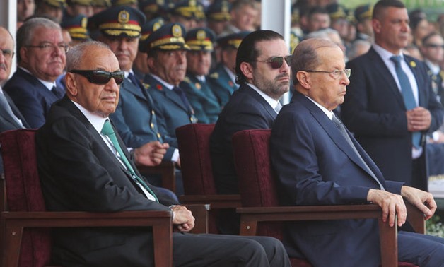 Parliament Speaker Nabih Berri, President Michel Aoun and PM Saad Al-Hariri attend a graduation ceremony for officer cadets, Fayadyeh, 2017. (Reuters)