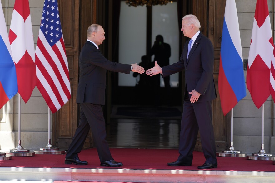 Joe Biden and Vladimir Putin meet at the Villa La Grange, Geneva, Switzerland, June 16, 2021. (AP Photo