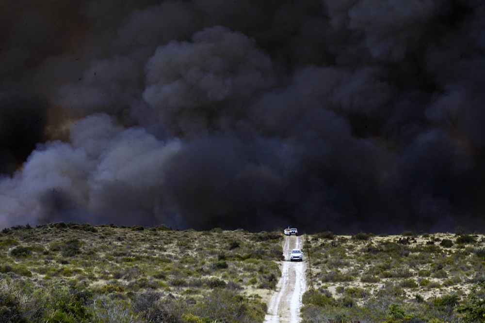 Picture released by Telam news agency on January 4, 2022 showing a huge fire in Valdes Peninsula, Chubut province, Argentina. (AFP)