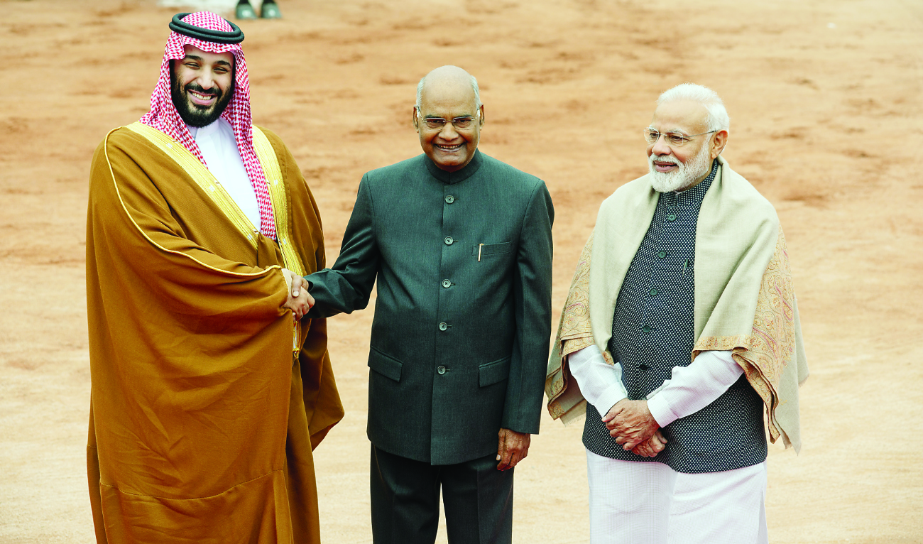 Saudi Crown Prince Mohammed bin Salman with Indian President Ram Nath Kovind and PM Narendra Modi during a ceremonial reception in New Delhi in 2019. (Shutterstock)