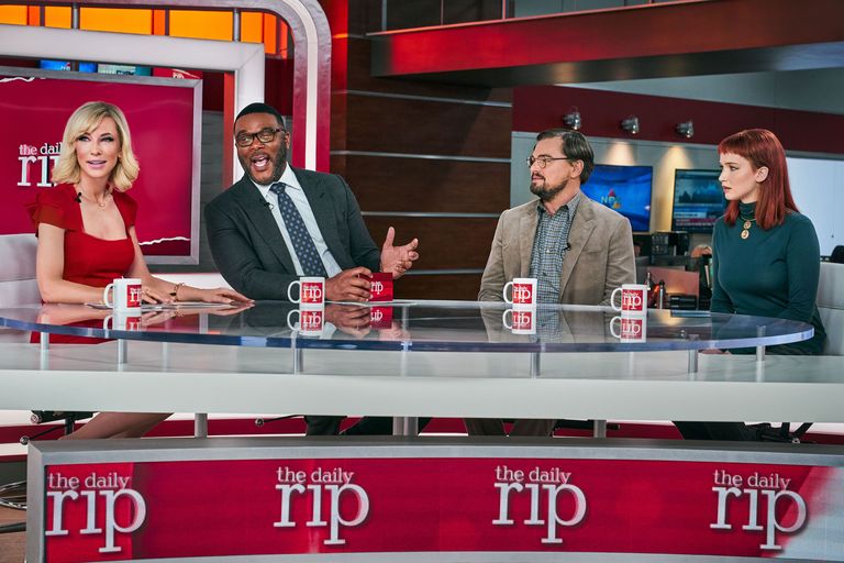 Cate Blanchett, Tyler Perry, Leonardo DiCaprio and Jennifer Lawrence in a scene from Don't Look Up. (Netflix)