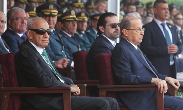 Parliament Speaker Nabih Berri, President Michel Aoun and PM Saad Al-Hariri attend a graduation ceremony for officer cadets, Fayadyeh, 2017. (Reuters)