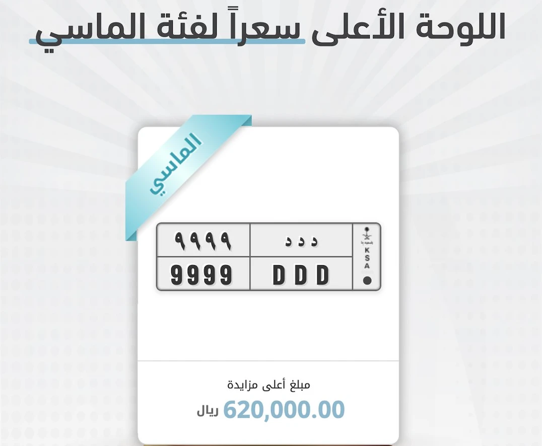 The diamond-category “9999 DDD” plate sold for SR620,000 as the highest-priced product in the third edition of the online auction. (@Absher)