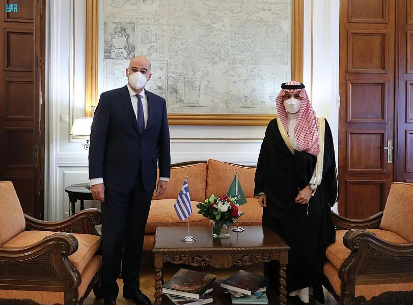 Saudi Foreign Minister Prince Faisal Bin Farhan meets his Greek counterpart Nikos Dendias in Athens, Greece, Tuesday, Jan. 4, 2022. (SPA)