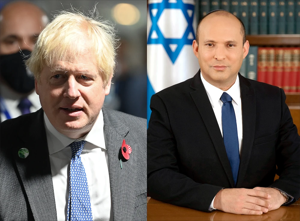 UK Prime Minister Boris Johnson (L) held a phone call with his Israeli counterpart Naftali Bennett. (File/AFP and Wikipedia)