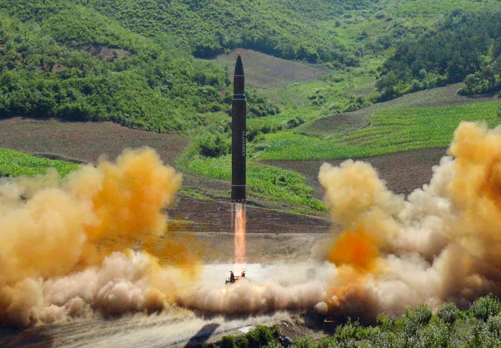 This file photo distributed July 4, 2017, by the North Korean government shows what was said to be the launch of a Hwasong-14 intercontinental ballistic missile, ICBM, in North Korea's northwest. (AP)