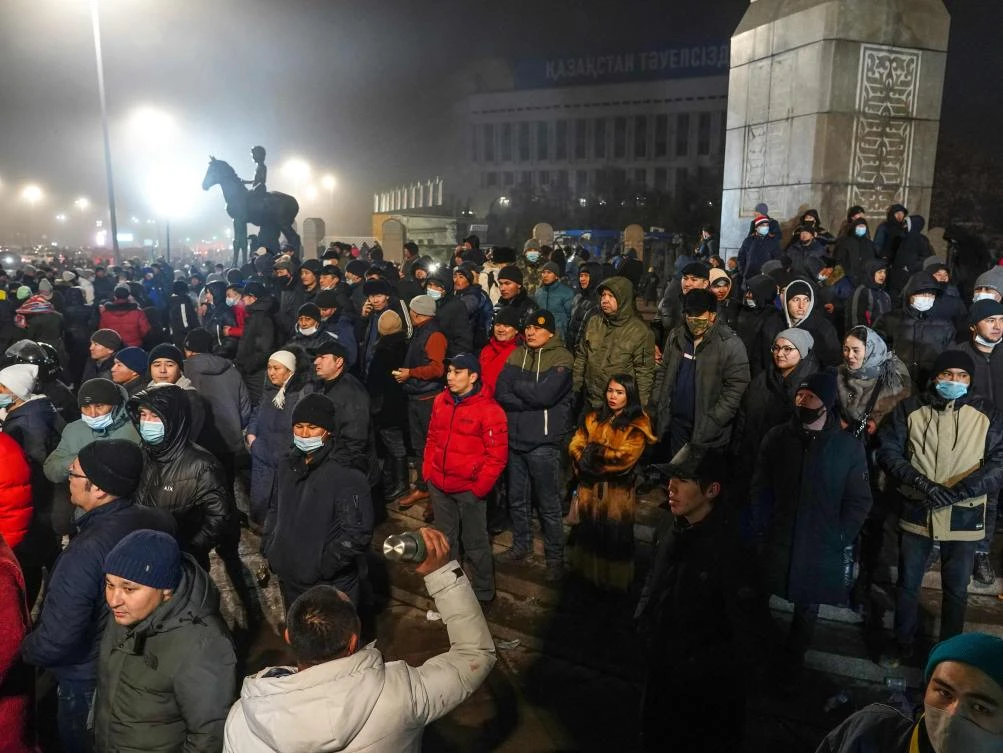 Protesters take part in a rally over a hike in energy prices in Almaty on January 5, 2022. (AFP)