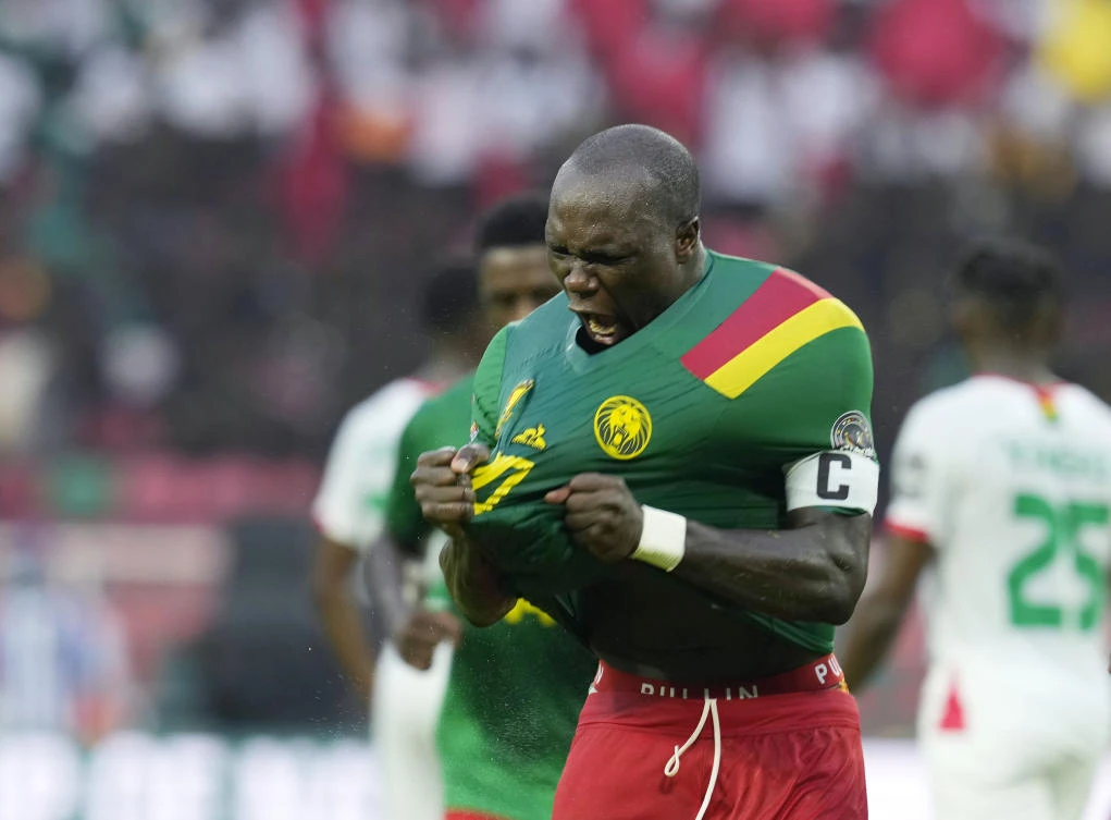 Cameroon's captain Vincent Aboubakar celebrates his second goal of the match, during the African Cup of Nations 2022 group A soccer match between Cameroon and Burkina Faso at the Olembe stadium in Yaounde, Cameroon, Sunday, Jan. 9, 2022. (AP)