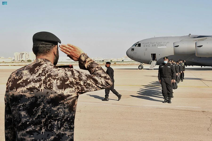 Members of the UAE’s security forces arrive in Saudi Arabia to participate in Arab Gulf Security 3 exercise. (SPA)