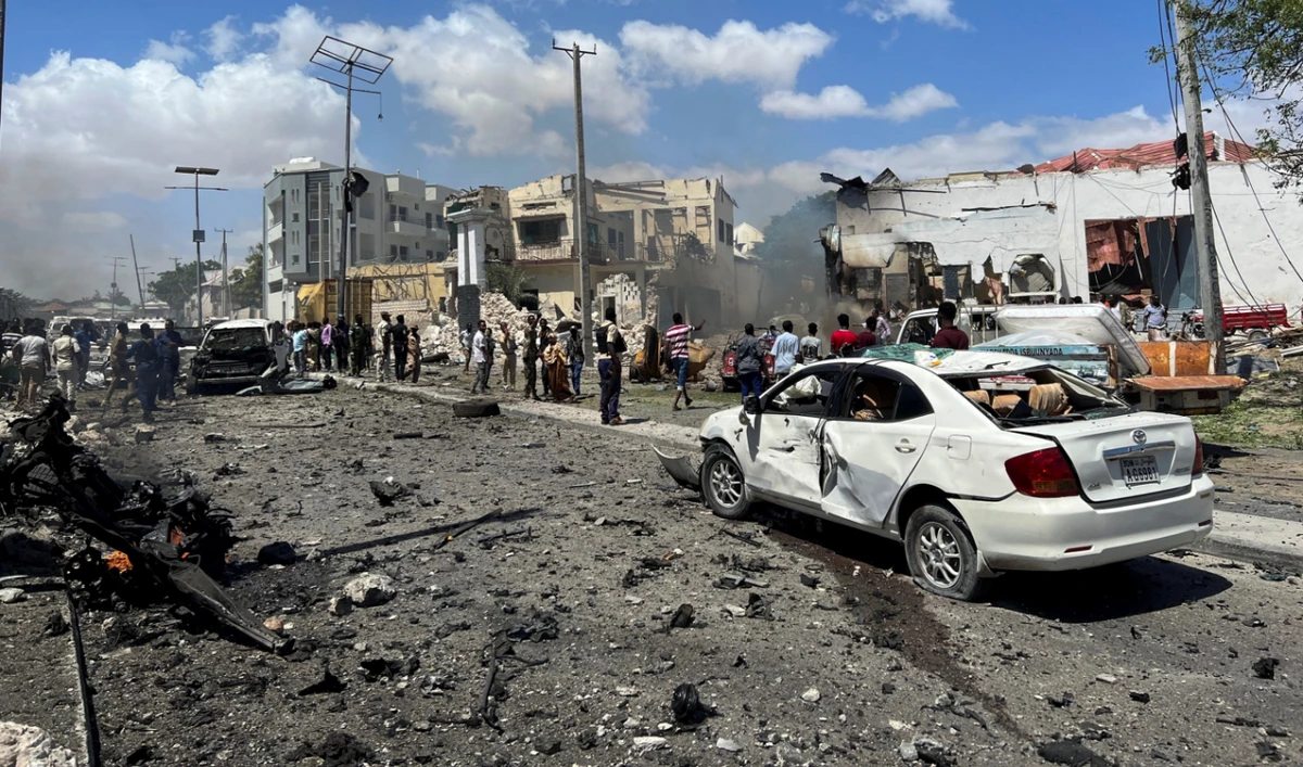 A general view shows the scene of an explosion in the Hamarweyne district of Mogadishu, Somalia, January 12, 2022. (Reuters)