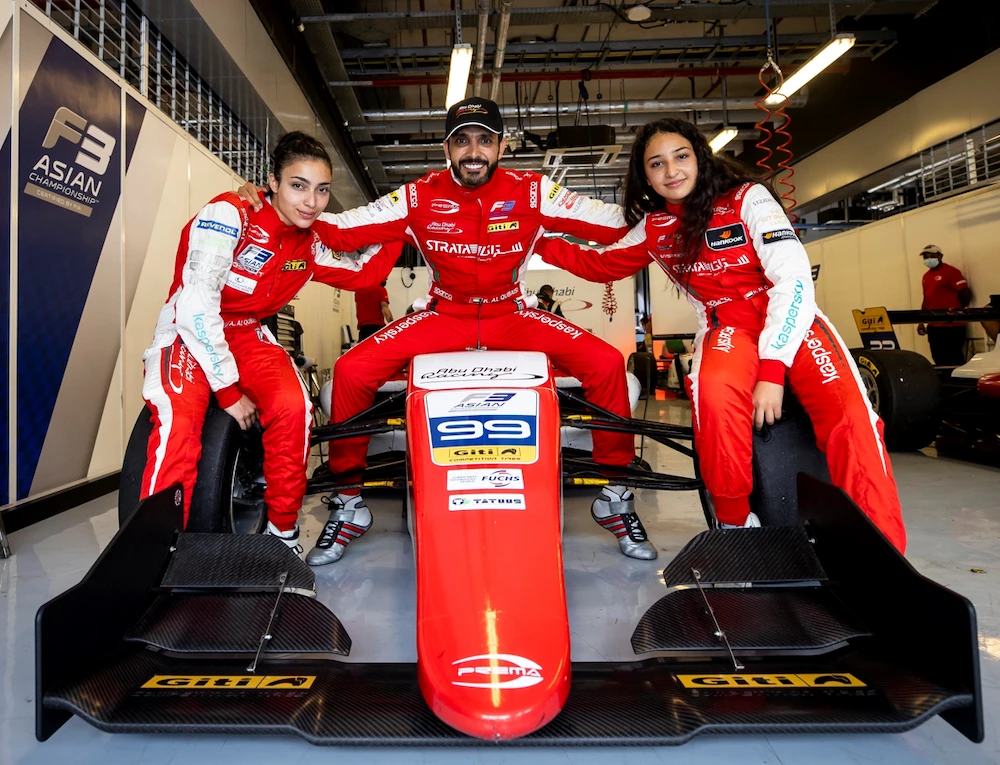 Khaled Al-Qubaisi and his daughters Amna, left, and Hamda will take part in the five-round Formula Regional Asian Championship starting at Yas Marina Circuit in Abu Dhabi. (Abu Dhabi Racing)