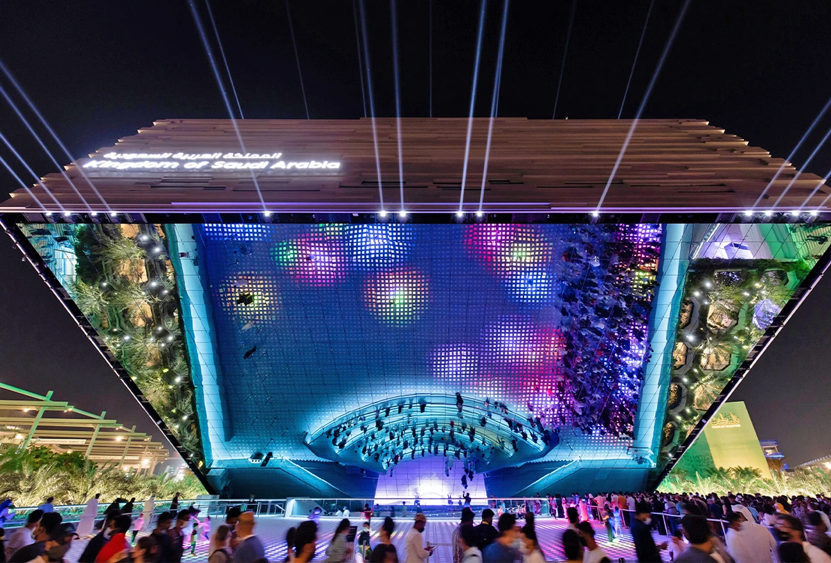 The picture shows exterior view of Saudi pavilion at the Dubai Expo 2020 in the Gulf emirate of Dubai, UAE, on October 31, 2021. (Dubai Media Office/Twitter)