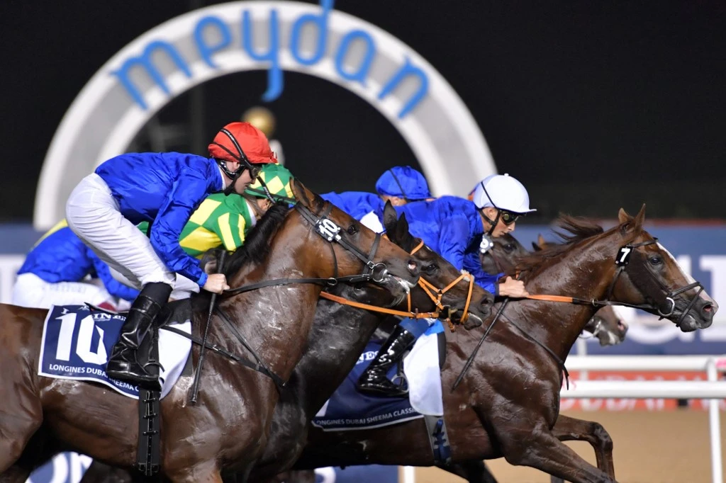 Jokeys compete in the Dubai Sheema Classic horse race at the Dubai World Cup in the Meydan Racecourse on March 31, 2018 in Dubai. (File/AFP)