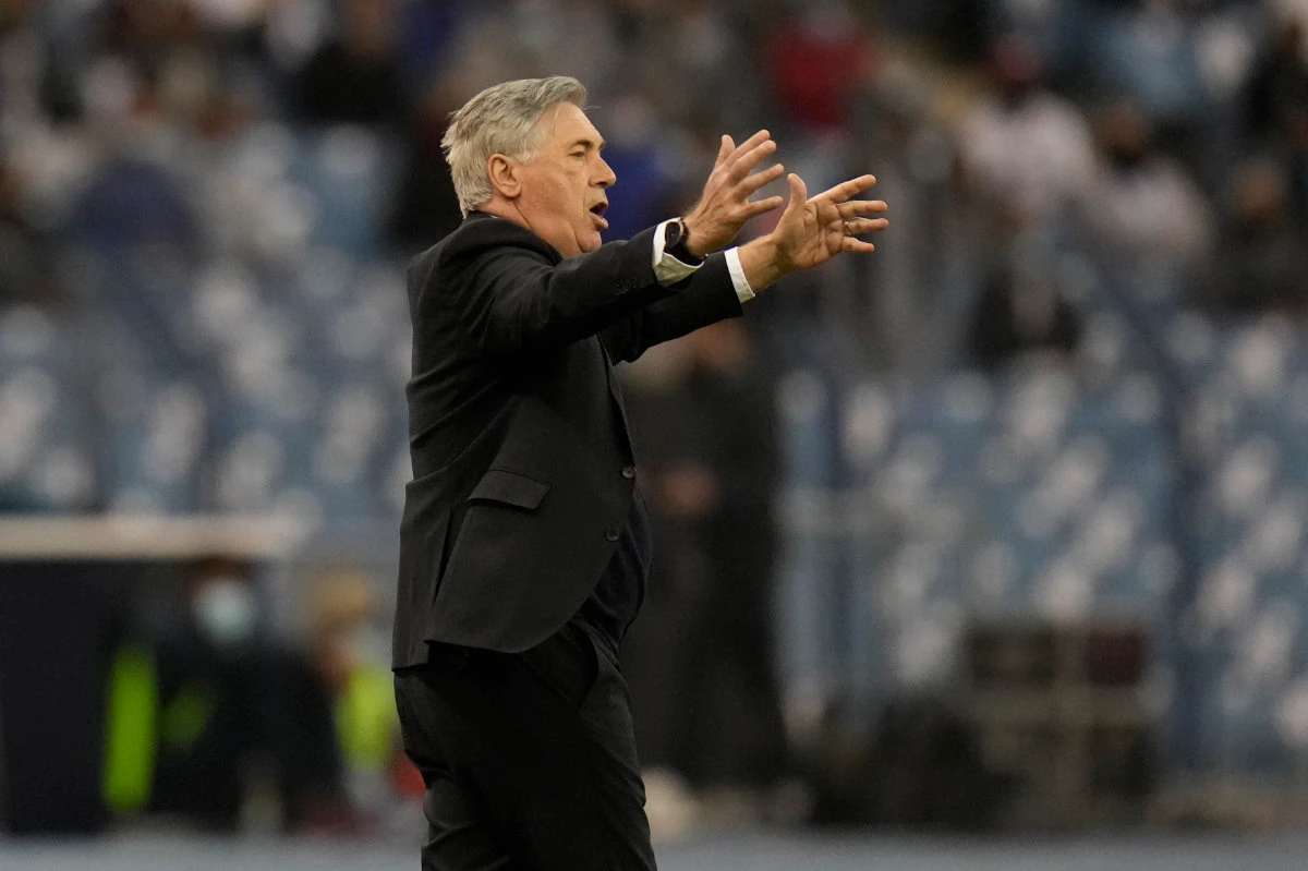 Real Madrid's head coach Carlo Ancelotti reacts during the Spanish Super Cup final soccer match between his team and Athletic Bilbao in Riyadh on Jan. 16, 2022. (AP Photo/Hassan Ammar)