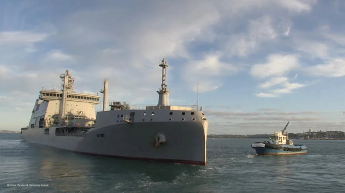 HMNZS Aotearoa departs to provide disaster relief and assistance to Tonga after a volcanic eruption and tsunami on Jan. 18, 2022. (New Zealand Defense Force via Reuters)