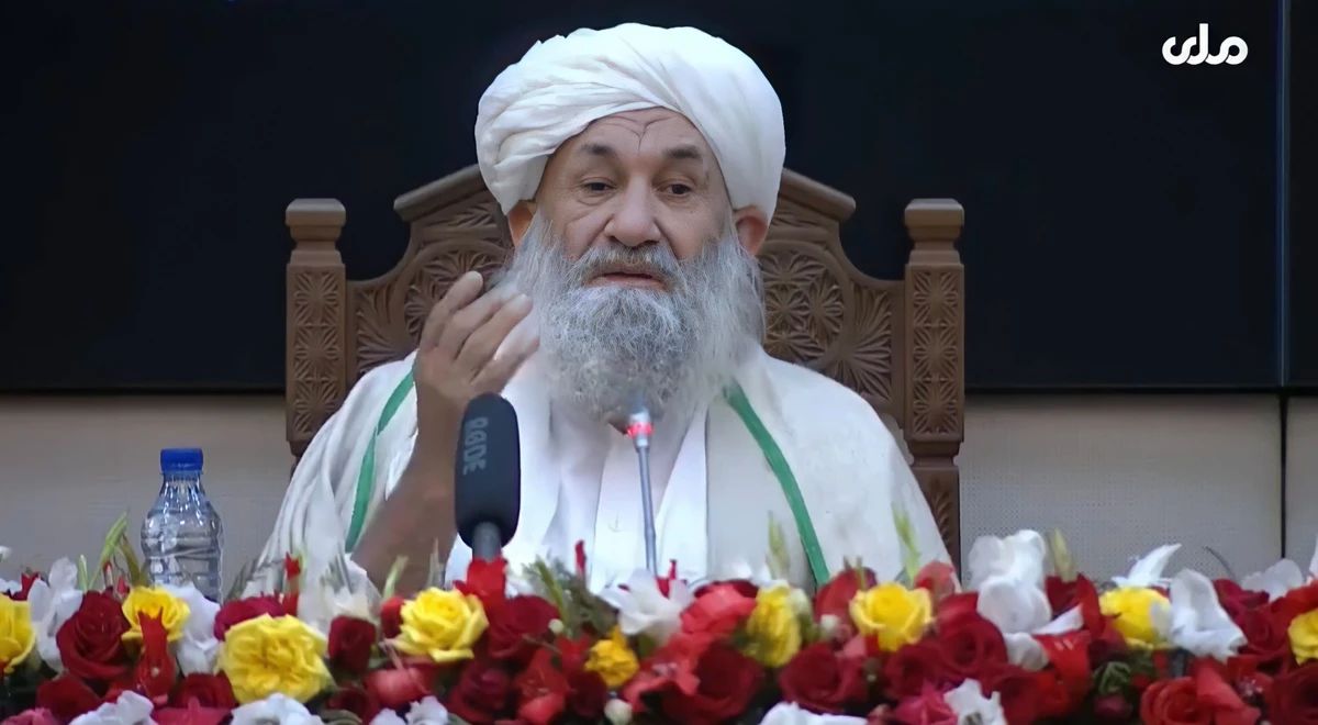 Afghanistan’s interim prime minister, Mullah Hasan Akhund addressing a news conference in Kabul, Afghanistan on January 19. 2022. (Screengrab from Mili TV, Afghanistan's National Television)