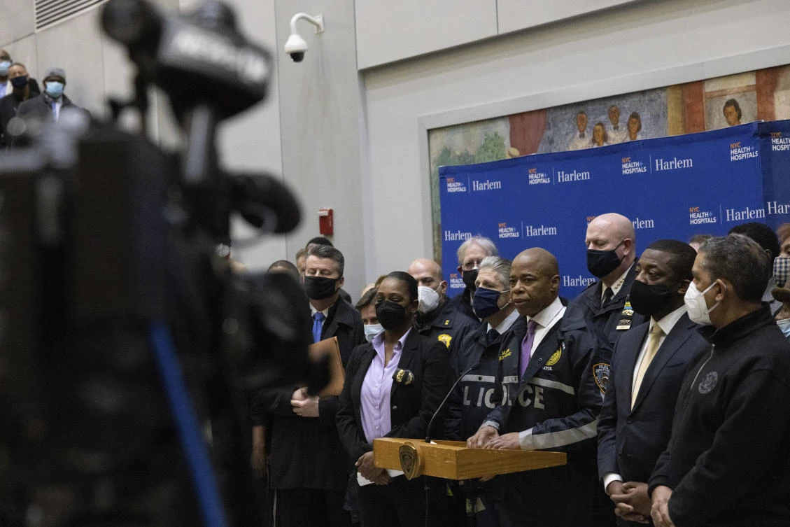New York City Mayor Eric Adams, center, denounced the spate of violence against the New York Police Department. (AP)