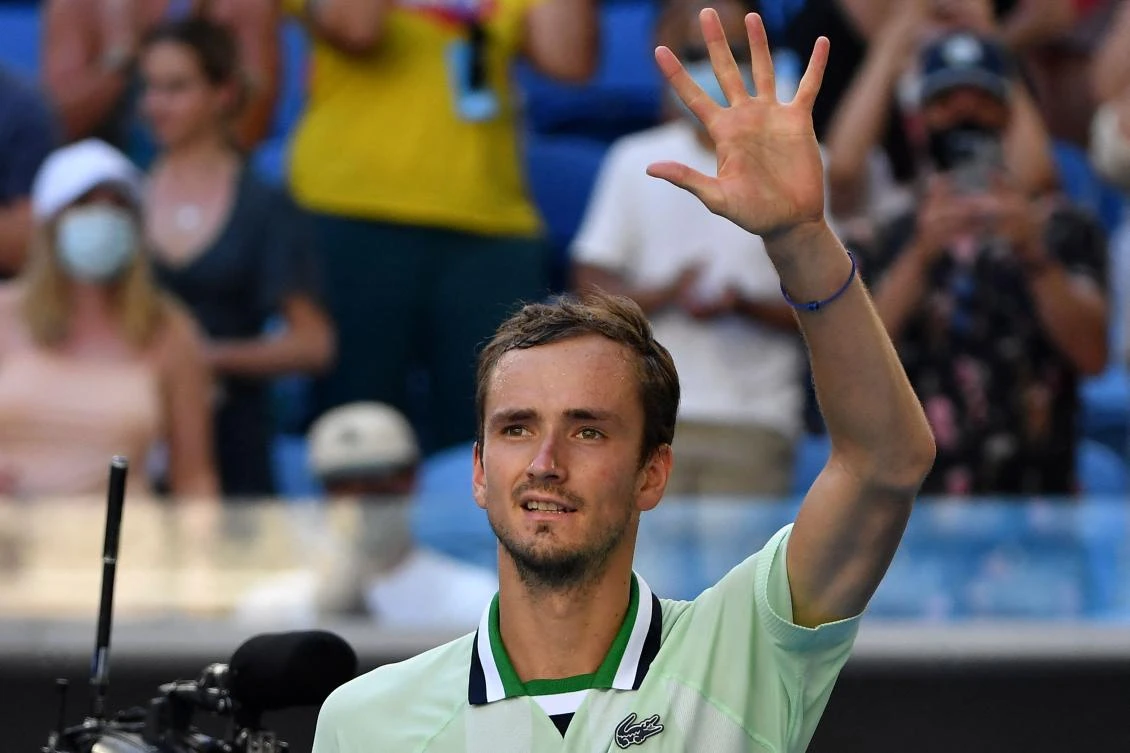 Russia's Daniil Medvedev celebrates after victory against Netherlands' Botic Van de Zandschulp during their men's singles match on day six of the Australian Open tennis tournament in Melbourne on Saturday. (AFP)