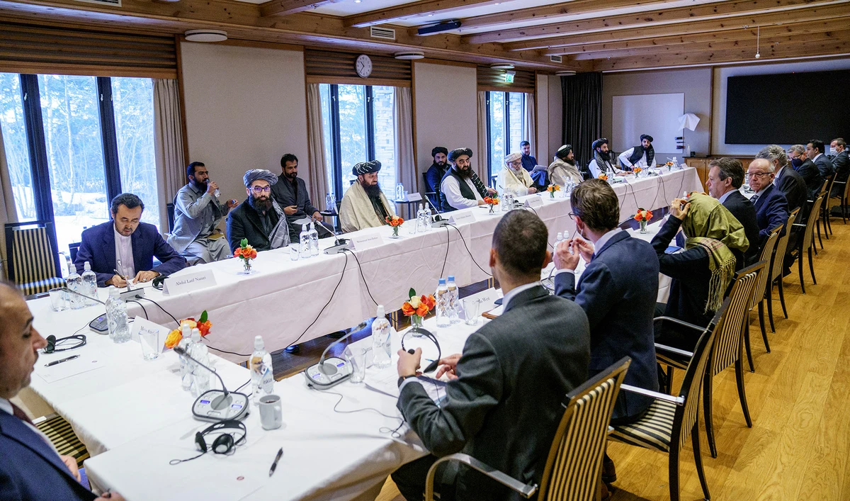 International special representatives and representatives from the Taliban meet at the Soria Moria hotel in Oslo, Norway, on January 24, 2022. (NTB/Stian Lysberg Solum via REUTERS)