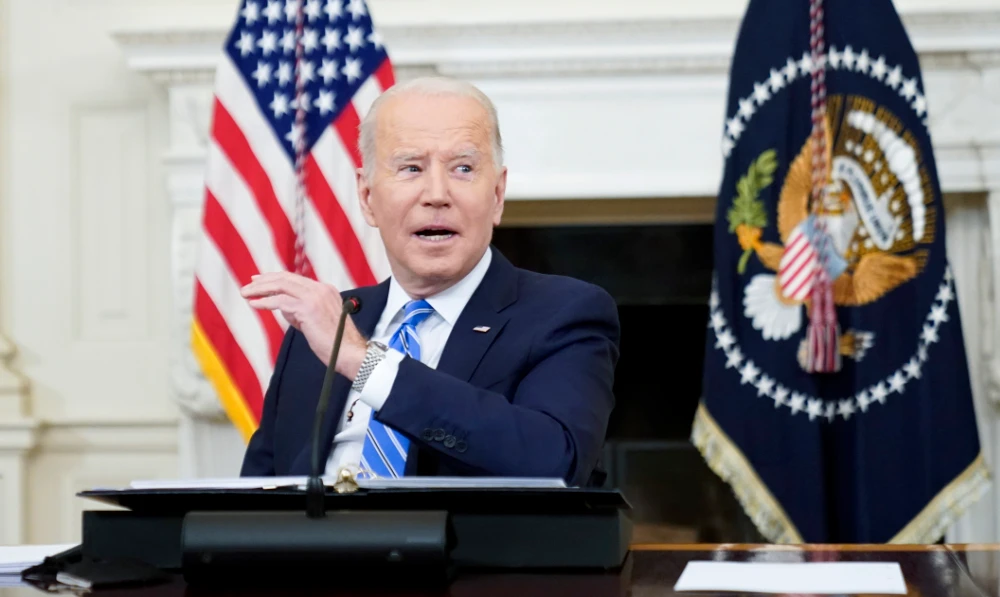 President Joe Biden speaks during a meeting with private sector CEOs about the economy in the State Dining Room of the White House in Washington, Wednesday, Jan. 26, 2022. (AP)