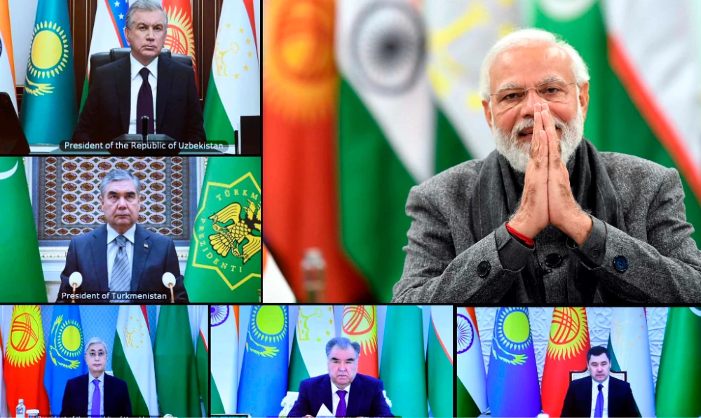 Indian Prime Minister Narendra Modi greets leaders of central Asian countries via virtual meeting, in New Delhi, India, Thursday, Jan. 27, 2022. (AP)