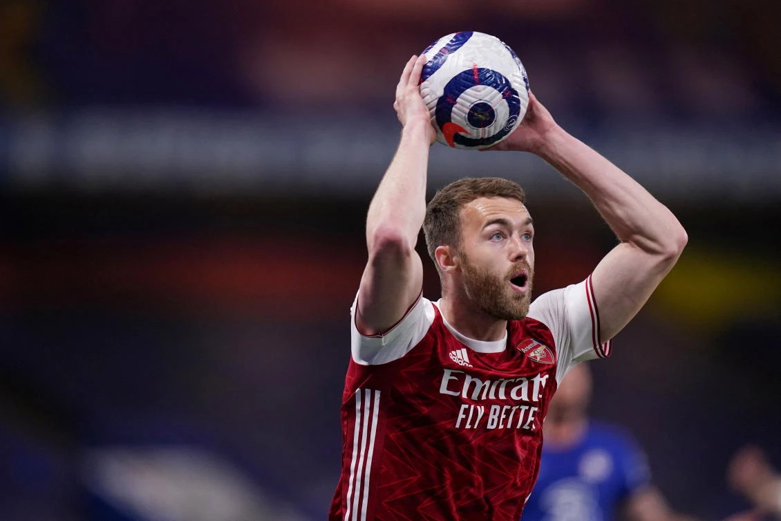 Arsenal’s Calum Chambers during their Premier League match against Chelsea at Stamford Bridge, in May 2021. (Reuters)