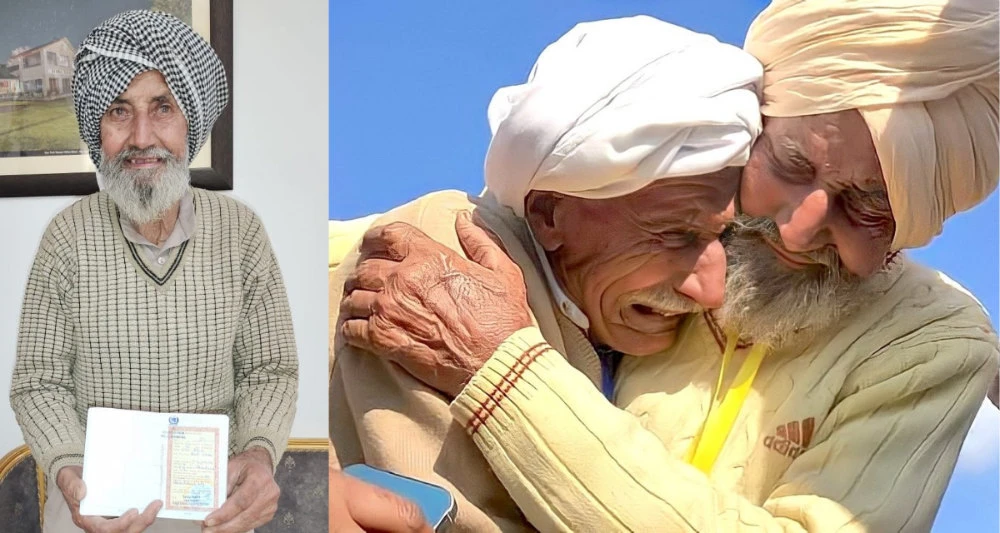 This collage of photos shows Sikka Khan, left, receiving a Pakistani visa in New Delhi on Jan. 28, and hugging his elder brother Sadiq Khan during their reunion at the visa-free Kartarpur corridor in Pakistan on Jan. 10. (Supplied)