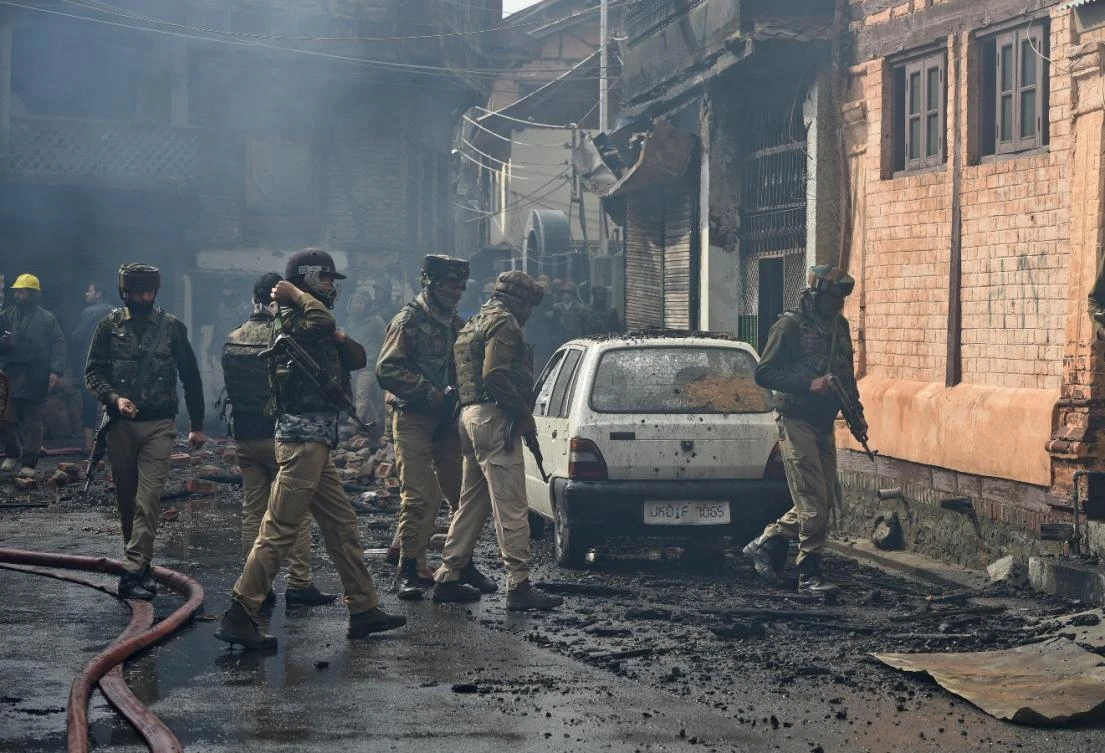 Indian troops stands at the site were a gun battle took place between suspected militants and Indian government forces in downtown Srinagar on October 17, 2018. (File/AFP)