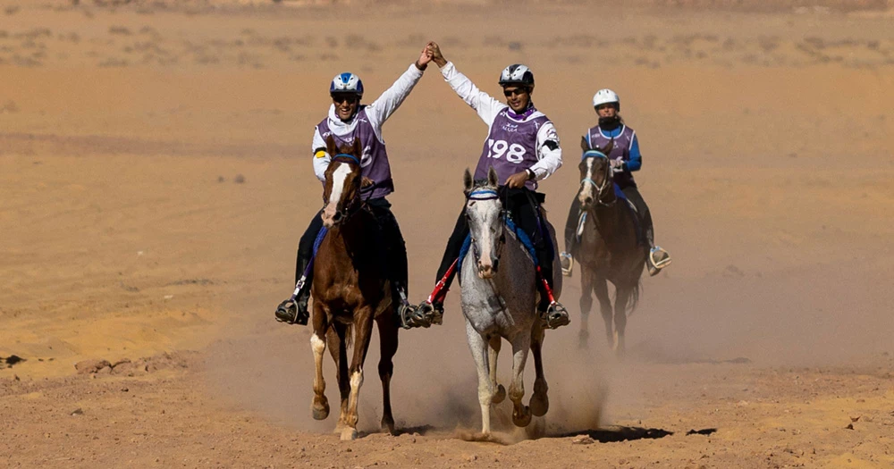 Frederico Ferber of Uruguay, left, celebrates winning the Fursan Cup in AlUla. (Supplied)
