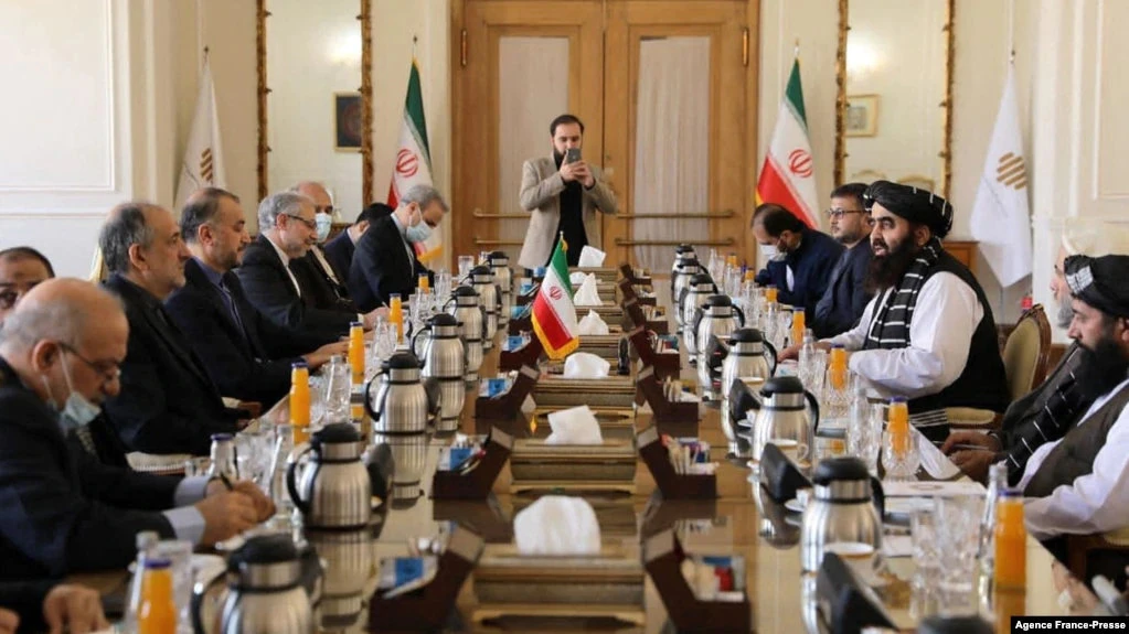 Iranian FM Hossein Amirabdollahian (2nd-L) meets with acting Taliban FM Amir Khan Muttaqi (R) in Tehran on Jan. 9, 2022. (Iran Foreign Ministry handout photo/AFP)